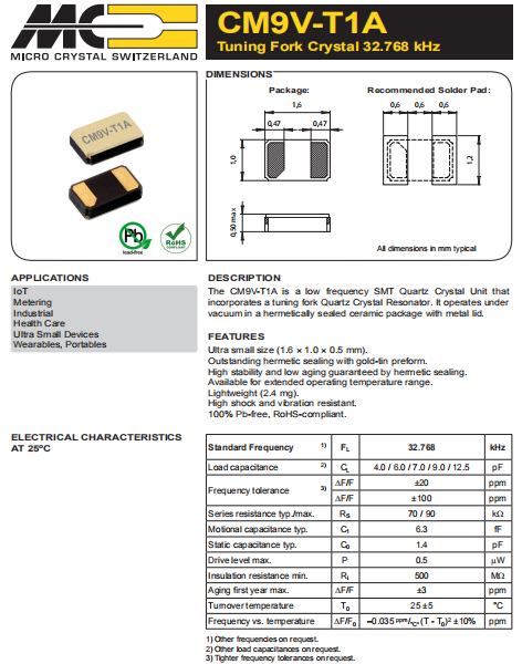 Microcrystal晶振,32.768K晶振,CM9V-T1A压电石英晶体