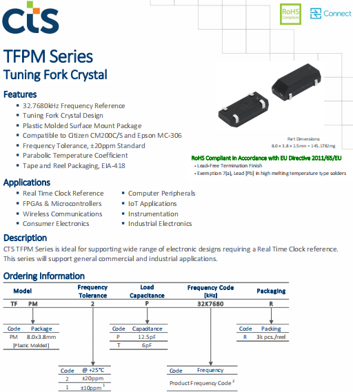 CTS晶振,贴片无源晶振,TFPM晶振