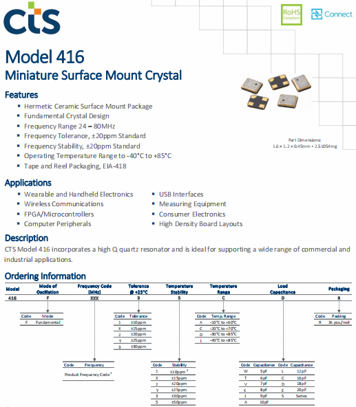 CTS晶振,智能电子晶振,416压电石英晶体