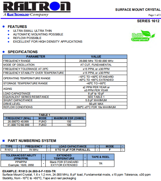 Raltron晶振,进口石英晶振,R1612晶体