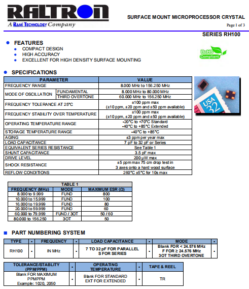 Raltron晶振,进口压电石英晶体,RH100晶振