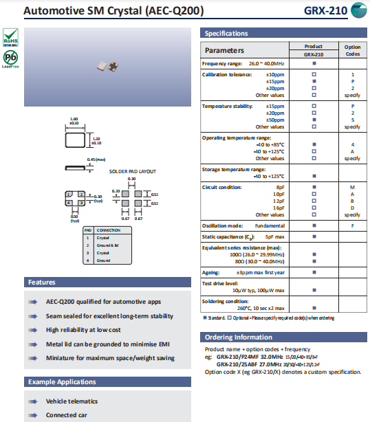 Golledge晶振,高性能晶振,GRX-210晶体