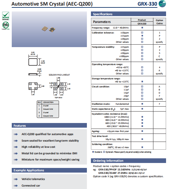 Golledge晶振,石英水晶振子,GRX-330晶体