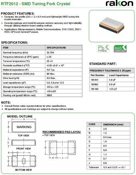 Rakon晶振,贴片无源晶振,RTF2012晶体