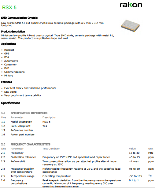 Rakon晶振,智能手机晶振,RSX-5晶体