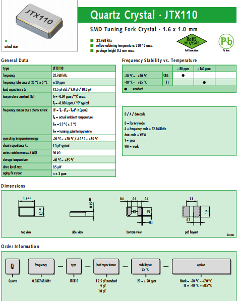 Jauch晶振,32.768K晶振,JTX110晶体