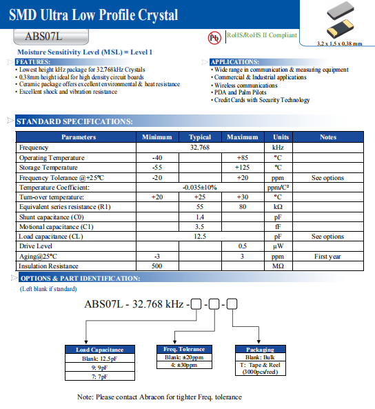 Abracon晶振,压电石英晶体,ABS07L晶体