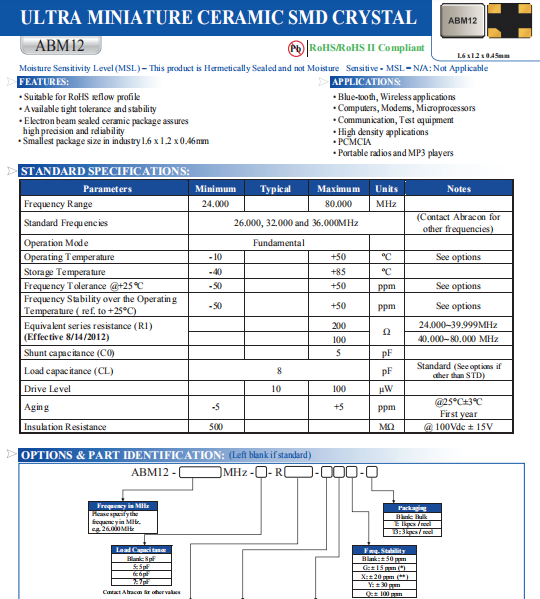 Abracon晶振,贴片无源晶振,ABM12晶体
