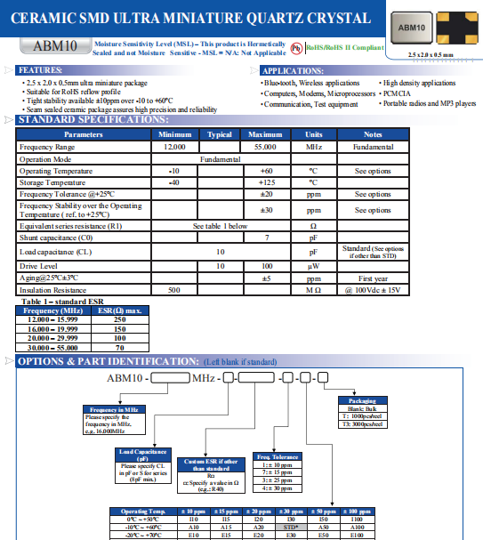 Abracon晶振,压电石英晶体,ABM10晶体