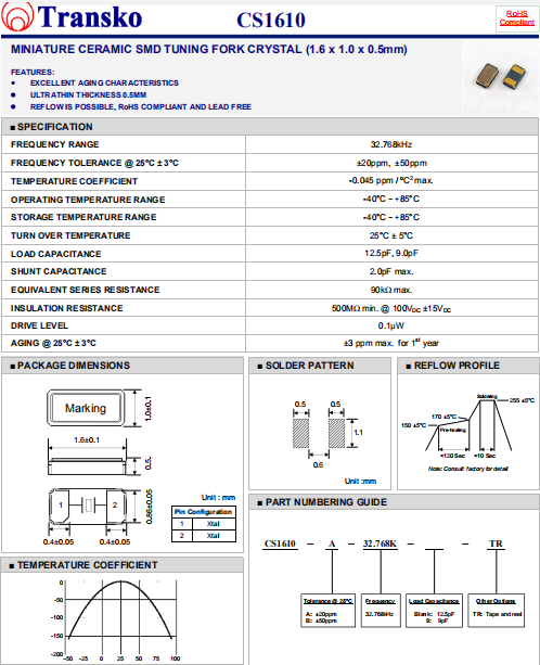 Transko晶振,进口音叉晶振,CS1610晶振