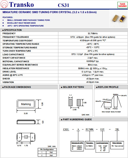 Transko晶振,无铅晶振,CS31晶体