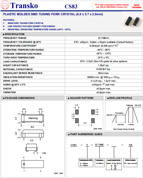 Transko晶振,进口SMD晶振,CS83晶体