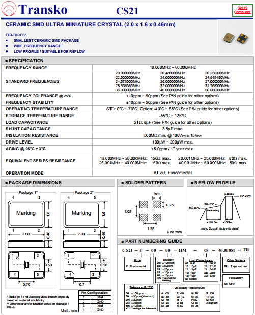 Transko晶振,石英贴片晶振,CS21晶体