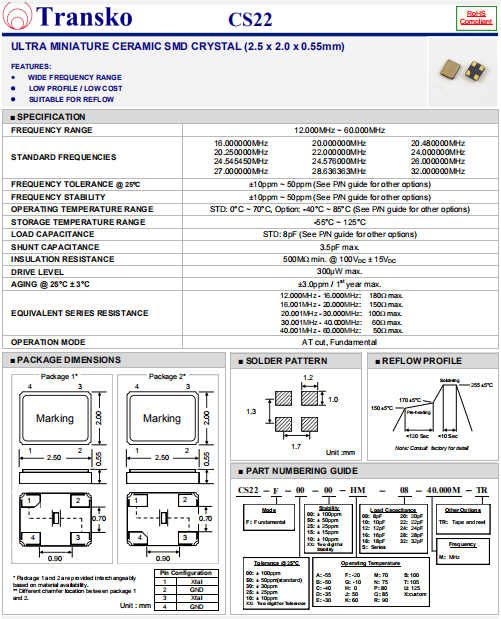 Transko晶振,进口贴片晶振,CS22晶体