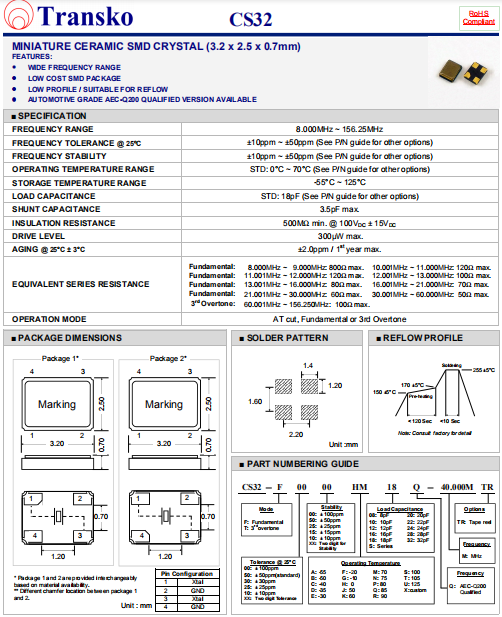 Transko晶振,贴片无源晶振,CS32晶体