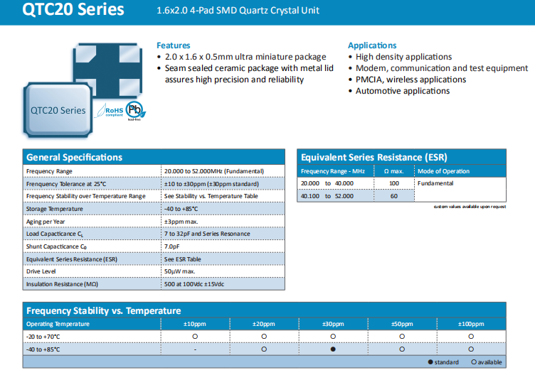 Quarztechnik晶振,进口无源晶振,QTC20晶体