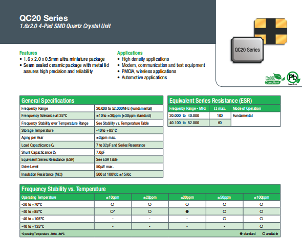 QANTEK晶振,贴片无源晶振,QC20晶体