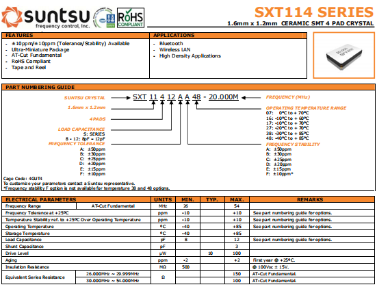 SUNTSU晶振,进口石英晶体,SXT114晶振