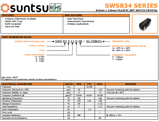 SUNTSU晶振,压电石英晶体,SWS834晶振