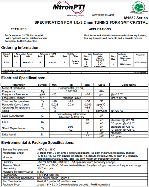 MtronPTI晶振,32.768K晶振,M1532晶体