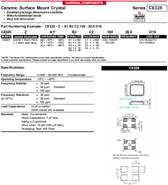 Cardinal晶振,进口晶振,CX325晶体
