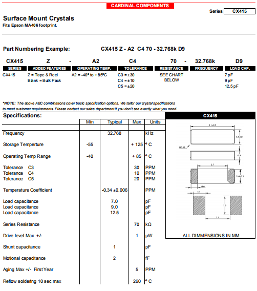 Cardinal晶振,进口32.768K晶振,CX415晶体