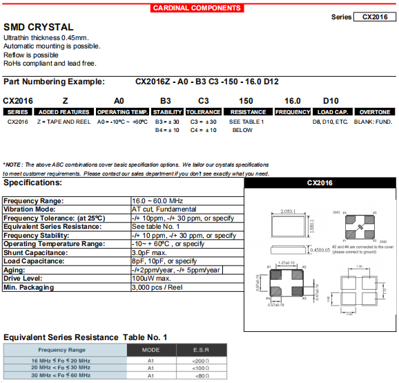 Cardinal晶振,进口环保晶振,CX2016晶体