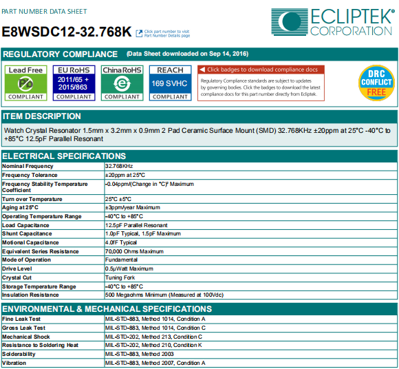 ECLIPTEK晶振,美国进口晶振,E8WSDC12-32.768K晶体