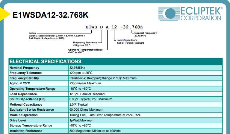 ECLIPTEK晶振,音叉晶振,E1WSDA12-32.768K晶体