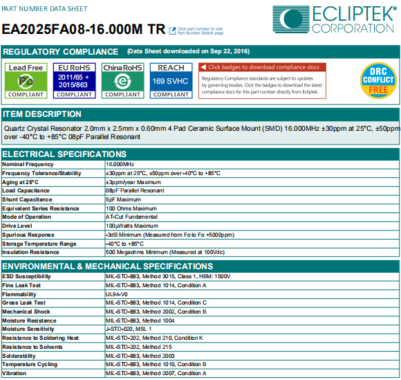 ECLIPTEK晶振,无源环保晶振,EA2025FA08-16.000M TR晶体