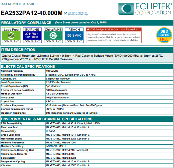 ECLIPTEK晶振,进口石英晶振,EA2532PA12-40.000M晶体