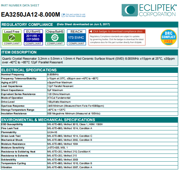 ECLIPTEK晶振,高品质晶振,EA3250JA12-8.000M晶体